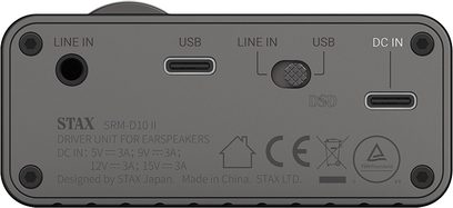 Передпідсилювач для навушників STAX SRM-D10 II, вид ззаду, лінійні та USB-роз'єми, вхід DC, логотипи та технічна інформація