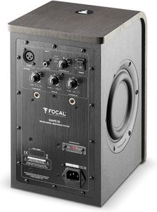 Reproduktor Focal Shape 50 v tmavém ořechu, pohled zepředu, přední panel odstraněn, odhalující vnitřní komponenty