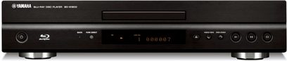 Yamaha BD-S1900 4K Blu-ray-afspiller, blankt sort frontpanel, blå LED-display, diskåbning, knapper, USB-port