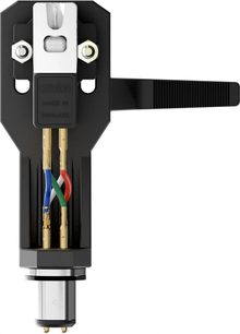 Ortofon VNL TRIX helipea mustal metallist ja plastist SH-2 headshellil, vaade eest, mitmevärvilised juhtmed, kullatud kontaktid