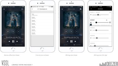 Štiri posnetki zaslona mobilne aplikacije za predvajanje zvoka, ki prikazujejo ovitke albuma z naslovom "Something Just Like This" in omogočajo izbiro območij za poslušanje