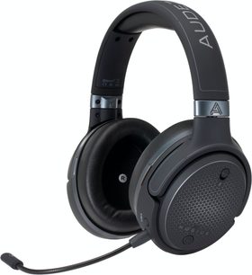 Audeze Mobius Carbon sort hovedtelefoner, lukket circumaural design, mat sort plastik hovedbøjle og ørekopper, udtrækkelig mikrofon