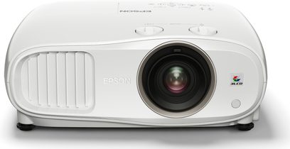 Epson EH-TW6800 hvid videoprojektor, set forfra, centreret linse, sidehullede ventilationsgitre, 3LCD-logo