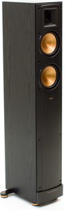Sort Klipsch RF-42 MkII gulvhøjttaler set forfra, 2 kobberbelagte højttalere, diskantdome, mørkt træ-frontpanel