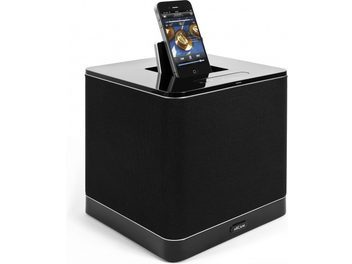 Sort Arcam Solo RCube multimediehøjttaler, kubisk form, smartphone-dock på toppen, set forfra