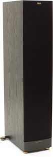 Klipsch RF-82 MkII svart gulvhøyttaler, sett forfra og fra siden, mørk trekabinett, svarte og gylne høyttalerelementer