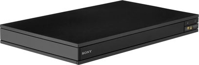 4K Blu-ray-afspiller Sony UBP-X800M2, perspektivvisning, sort rektangulært kabinet, Sony-logo nederst til venstre, knapper og porte til højre