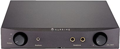 Nuprime HPA-9 sort hovedtelefon-forforstærker, front med hovedtelefon- og øretelefonstik, lydstyrke- og vælgerknapper, set forfra