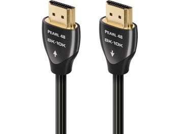 Dois cabos HDMI Audioquest Pearl 48 8K 10K, conectores dourados, corpo preto com setas direcionais brancas, vistos de frente