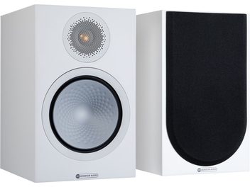 Monitor Audio Silver 100 7G szatén fehér állványos hangfal, elölnézet és oldalnézet, magassugárzó és közép/mély hangszóró