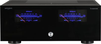 Advance Paris X-A160 EVO sort stereokraftforstærker, frontpanel med blå baggrundsbelyste visningsnåle