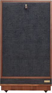 Diffusore da pavimento Fyne Audio Classic XII in noce, cornice in legno e griglia in tessuto nero intrecciato con linguetta a bottone, vista frontale