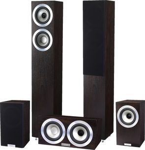 Sæt med 5.0 hjemmebiograflydanlæg fra Tannoy Revolution DC4 med mørk, blank espressobrun træfinish, set forfra