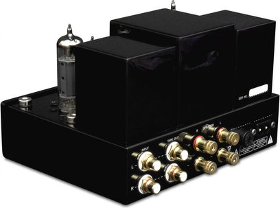 Line Magnetic LM-MINI-84IA sort hovedtelefon-forforstærker, frontvisning, 6 vakuumrør, 4 potentiometre, 2 hovedtelefonstik, metalkabinettet