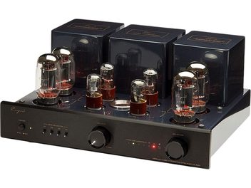 Integrovaný stereofonní lampový zesilovač Cayin CS-88A KT88, kovový rám v barvě tmavě modré noci s černou kartáčovanou hliníkovou přední stranou, osm viditelných skleněných elektronek a tři čtvercové transformátory vzadu, pohled z pravého předního tříčtvrtečního úhlu mírně shora