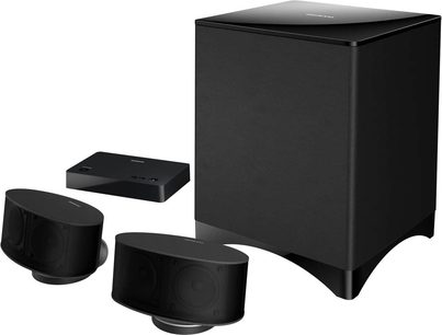 Onkyo LS-3100 sort 2.1 højttalersæt i mat sort, bestående af en kubisk basreflekskabinet og to satellithøjttalere