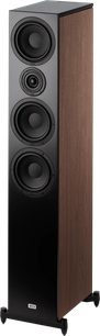 Diffusore da pavimento Heco AURORA XT 700, vista angolata, frontale nero con 4 altoparlanti circolari, lato con finitura in legno