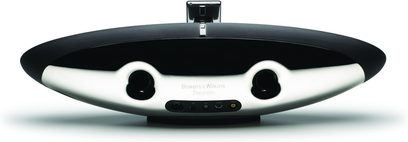 Bowers & Wilkins Zeppelin multimedie-højttaler, sort elliptisk form, set forfra, flad base, frontrille, stik øverst