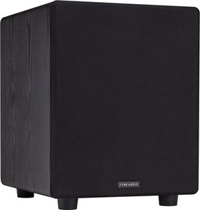 F3-12 subwoofer sort træ, set fra 3/4 vinkel, sort gitter, sorte fødder, Fyne Audio logo nederst i midten