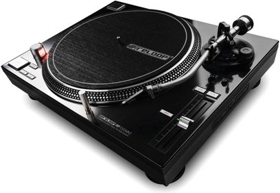 Augstās izšķirtspējas hi-fi vinila plates atskaņotājs Reloop RP 7000 MK2 melns, skats no augšas, matēts melns plates paliktnis, toņvārpsta, sudraba krāsas vadības elementi un savienotāji