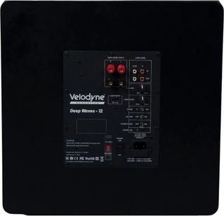 Schwarzer Velodyne Deep Waves 12 Subwoofer, Rückseite mit Anschlussfeld und detaillierten Audioeinstellungen