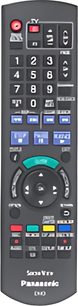 Sort Panasonic DMR-EX79 fjernbetjening med flerfarvet knapper og LCD-skærm, set forfra