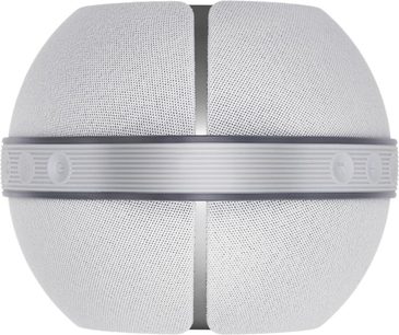 Бездротова колонка DEVIALET MANIA світло-сірого кольору, вид спереду, сплющена сферична форма, акустична решітка з тонкої сірої сітки