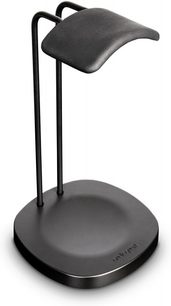 Svart bågformat hörlursstativ Audioquest Perch, rund bas, ren och funktionell design