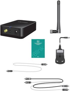 Sort Arcam RBLINK DAC-lydkonverter, antenne, RCA- og mini-jackkabler, på hvid baggrund med grøn brochure