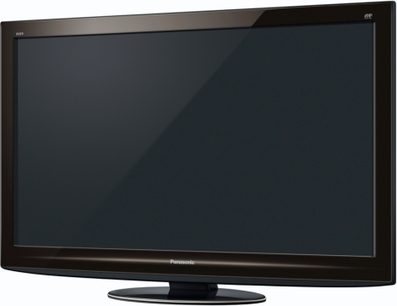 Panasonic TX-P42GT20 fladskærms-tv, sort, rektangulær, set forfra, placeret på et tv-bord