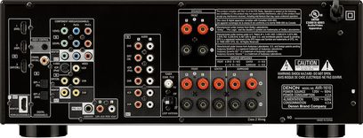 Denon AVR-1610 namų kino stiprintuvas, galinis skydelis, garso/vaizdo jungtys, antenos ir maitinimo lizdai