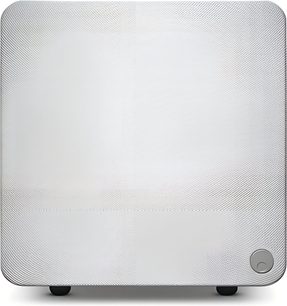 Witte Cambridge Audio-subwoofer, vooraanzicht met vierkant stoffen rooster en regelknop rechtsonder