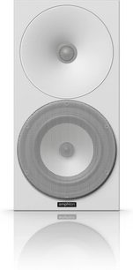Amphion Argon 3S boekenplankluidsprekers, wit, vooraanzicht, ronde witte en zwarte luidsprekers, centrale tweeter