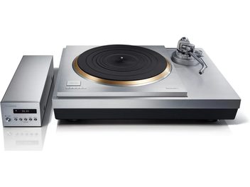 Giradischi hi-fi Technics SL-1000R con piatto circolare nero e dorato, braccio di lettura argentato, unità di controllo rettangolare argentata con display digitale 33.33