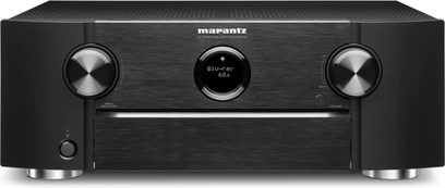Ampli home-cinéma Marantz SR6015 noir, vue de face, affichage bleu "Blu-ray 60", 3 molettes argentées, façade noire brossée