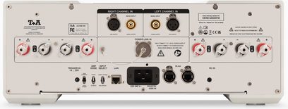 T+A A 3100 HV Endverstärker in Silber, Rückansicht mit XLR-, RCA-Anschlüssen und roten und schwarzen Anschlussklemmen