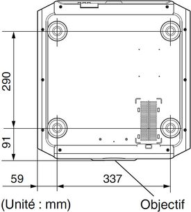 JVC DLA-X7500 hvid videoprojektor, set ovenfra med dimensioner, 4 monteringsskruer, central ventilationsgitter