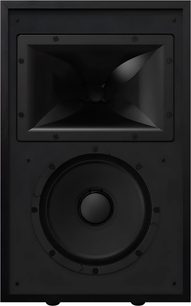Diffusore da scaffale Klipsch Rebellion nero, vista frontale con tromba rettangolare e grande altoparlante circolare