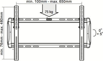 Teknisk diagram over Norstone Mount Walm 3263 vægbeslag til TV med dimensioner, maksimal belastning på 75 kg og +5° vippevinkel