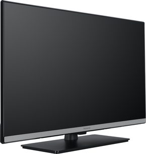 Panasonic TB-32S45AEZ højdefinitions-tv, sort skærm, tynd ramme, set fra trekvart vinkel, sort rektangulær stander