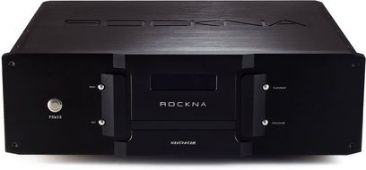 Lector audio de rețea ROCKNA Wavedream NET negru, față frontală cu ecran, butoane și conectori, vedere frontală