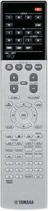 Sort Yamaha fjernbetjening med knapper og drejeknapper til at styre et audio-/videoapparat, set forfra
