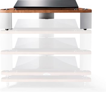 Półka hi-fi Naim Audio Fraim standardowa 115 mm, 4 przezroczyste szklane półki, ciemna drewniana konstrukcja, widok z przodu