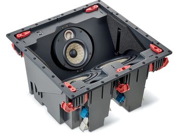 Focal 300 ICLCR5 black in-wall speaker, 3/4 rear view, speakers, tweeter, red and blue terminals