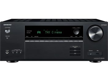 Onkyo TX-NR6100 svart hemmabioprojektor, frontvy, grön display "THX Cinema", många knappar och anslutningar