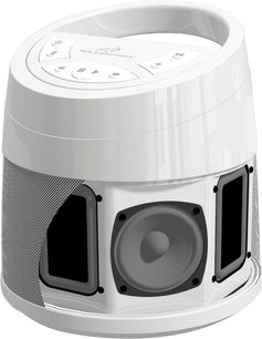 Soundcast Melody udendørs højttaler i hvid, set forfra, cylinderformet, sort gitter, kontrolknapper på toppen