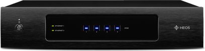 Denon HEOS Drive HS2 flerkanalig effektförstärkare, ren svart frontpanel, blå LED-lampor tända