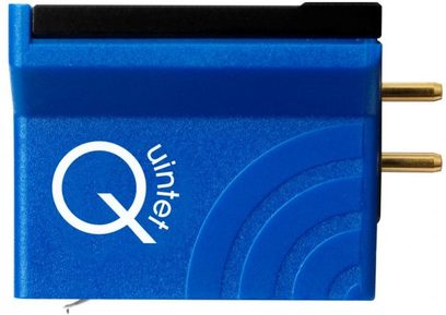 Ortofon MC Quintet Blue platin hücreli vinil, üstten görünüm, beyaz logo ile mavi kasa, altın renkli konektörler