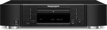 Leitor de CD Marantz CD6007 preto, vista frontal, visor digital azul, botões e botões giratórios prateados na frente preta fosca