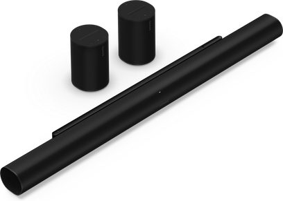 Soundbar Sonos ARC Ultra + Era 100, pohled z úhlu, válcový, černý, doplněný o 2 černé válcové reproduktory